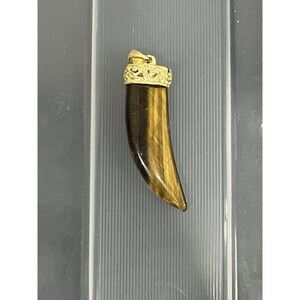Vintage Tiger's Eye Gemstone Horn Pendant Gold Tone Carved Claw Tooth Boho